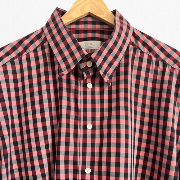 ETON Men’s CONTEMPORARY Fit Black & Raspberry Plaid Dress Shirt Size 46 18 - Picture 3 of 4